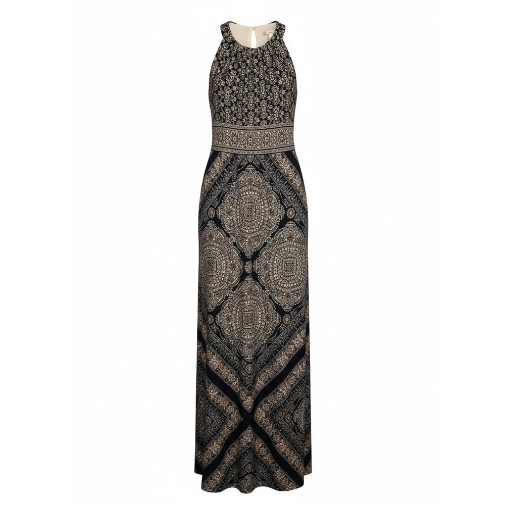 London Times Blue and Beige Paisley Halter Maxi Dress
